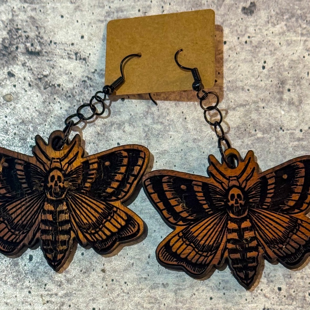Death Moth Koa Wood Earrings , Handmade. Forestcore, Gothic Boho Jewelry
